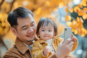 AI generated Asian Father and Toddler Daughter Enjoying a Fun Selfie Moment photo