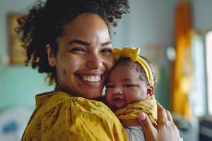 AI generated Joyful Mother Embracing Her Baby Daughter with Yellow Bow photo