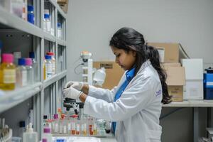 ai generado indio mujer científico trabajando en laboratorio ajuste foto