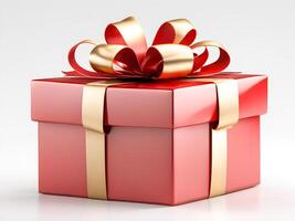 AI generated Red gift box with golden bow on white background. photo