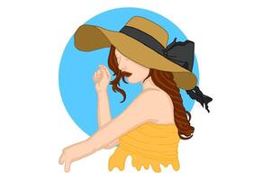 Beautiful Woman Using Beach Hat In Summer Vector