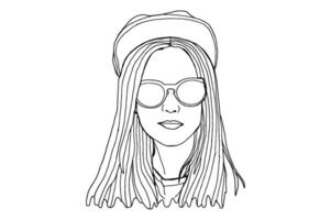 Set Of Summer Theme Woman Wearing Sunglasses Line Art Vector