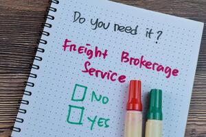 Concept of Do You Need it Freight Brokerage Service, No or Yes write on book isolated on Wooden Table. photo
