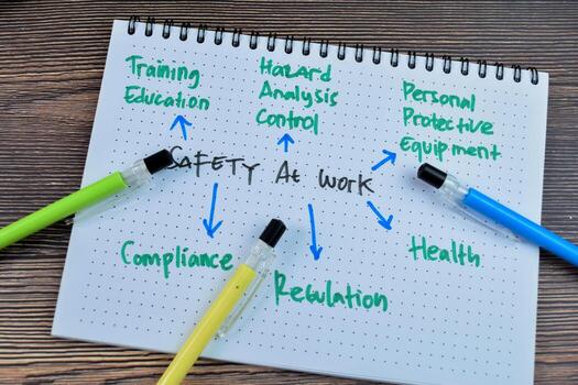 Concept of Safety at Work write on book with keywords isolated on Wooden Table. photo