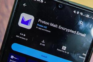 Proton Mail - Encrypted Email application on Smartphone screen. Proton Mail is a freeware web browser developed by Proton AG. Bekasi, Indonesia, April 9, 2024 photo