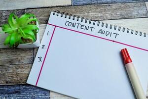 Concept of Content Audit write on book and Supported by an additional services isolated on Wooden Table. photo