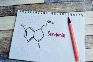 Concept of chemical molecular formula hormone serotonin write on book isolated on Wooden Table. photo