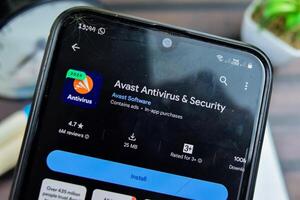 Avast Antivirus and Security application on Smartphone screen. avast is a freeware web browser developed by Avast Software. Bekasi, Indonesia, March 24, 2024 photo