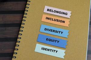 Concept of Belonging, Inclusion, Diversity, Equity, Identity write on sticky notes isolated on Wooden Table. photo