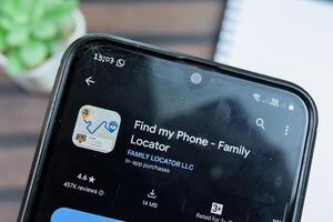 Find my Phone application on Smartphone screen. Family Locator is a freeware web browser developed by Family Locator LLC. Bekasi, Indonesia, March 24, 2024 photo