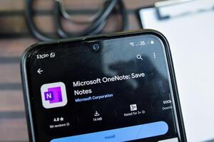 Microsoft OneNote application on Smartphone screen. Save Notes is a freeware web browser developed by Microsoft Corporation. Bekasi, Indonesia, March 24, 2024 photo