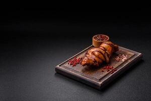 Delicious kebab of chicken or pork meat with salt, spices and herbs photo