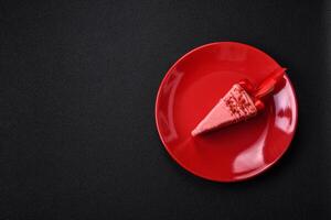 Delicious sweet cheesecake with fruits covered with icing with a wooden stick photo