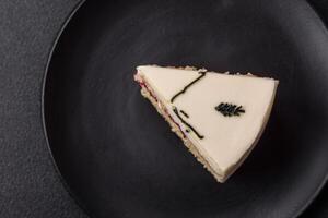 Delicious sweet dessert cheesecake with raspberry and pistachio flavor photo