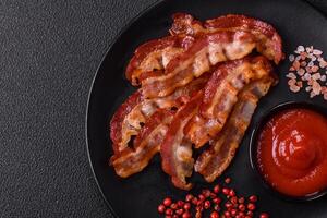 Delicious fresh fried bacon with salt and spices on a dark background photo