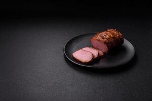 Delicious smoked meat pork or chicken with salt, spices and herbs photo