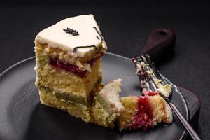 Delicious sweet dessert cheesecake with raspberry and pistachio flavor photo