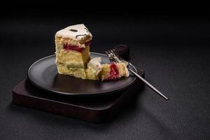 Delicious sweet dessert cheesecake with raspberry and pistachio flavor photo