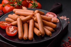 delicioso Fresco pequeño vegetariano salchichas con sal, especias y hierbas foto