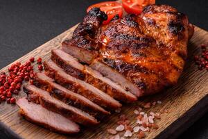 Fresh juicy delicious beef steak on a dark background photo