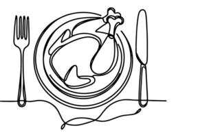 AI generated Continuous one line drawing chicken a plate outline doodle linear vector thanksgiving concept on white background