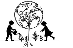 AI generated Continuous one black line art drawing children watering a tree. planting tree to save the world and earth day reduce global warming growth concept vector illustration on white background