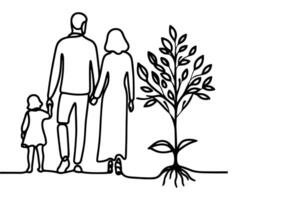 Continuous one black line art drawing Silhouettes of happy family holding the hands with tree vector illustration on white background