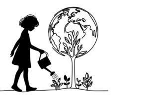 ai generado continuo uno negro línea Arte dibujo niños riego un árbol. plantando árbol a salvar el mundo y tierra día reducir global calentamiento crecimiento concepto vector ilustración en blanco antecedentes