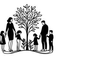 AI generated Continuous one black line art drawing Silhouettes of happy family holding the hands with tree vector illustration on white background