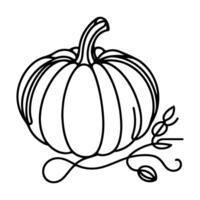 continuo uno negro línea dibujo de calabaza Víspera de Todos los Santos otoño cosecha contorno bosquejo garabatear para colorante vector en blanco antecedentes