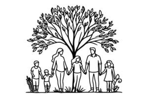 ai generado continuo uno negro línea Arte dibujo siluetas de contento familia participación el manos con árbol vector ilustración en blanco antecedentes