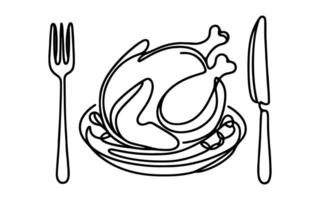 AI generated Continuous one line drawing chicken a plate outline doodle linear vector thanksgiving concept on white background