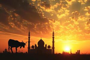 AI generated Silhouette of a lamb or goat With a Majestic Mosque Backdrop During a Breathtaking Sunset. photo