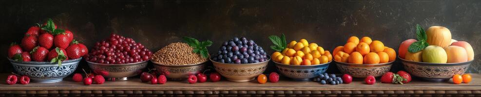 AI generated The banner image features a wooden table topped with various bowls and vases filled with different fruits and berries. photo