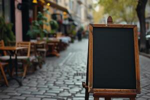 ai generado vacío negro tablero maquetas en frente de un café tienda foto