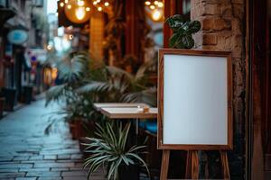 ai generado vacío bandera maquetas en frente de un café tienda foto