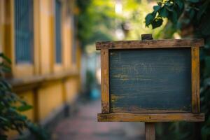 AI generated Empty black board mockups in front of a coffee shop photo