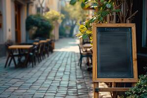 AI generated Empty black board mockups in front of a coffee shop photo