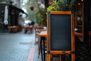 ai generado vacío negro tablero maquetas en frente de un café tienda foto