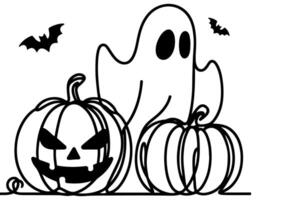 ai generado uno continuo negro línea dibujo de calabaza y fantasma Víspera de Todos los Santos concepto contorno garabatear vector ilustración en blanco antecedentes