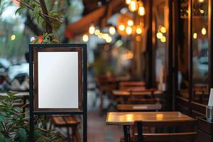 AI generated Empty banner mockups in front of a coffee shop photo