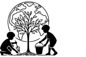 ai generado continuo uno negro línea Arte dibujo niños riego un árbol. plantando árbol a salvar el mundo y tierra día reducir global calentamiento crecimiento concepto vector ilustración en blanco antecedentes