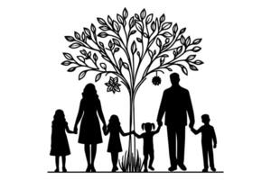 Continuous one black line art drawing Silhouettes of happy family holding the hands with tree vector illustration on white background