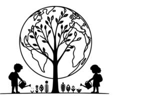 AI generated Continuous one black line art drawing children watering a tree. planting tree to save the world and earth day reduce global warming growth concept vector illustration on white background