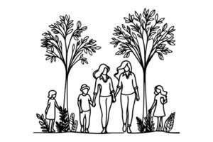 Continuous one black line art drawing Silhouettes of happy family holding the hands with tree vector illustration on white background