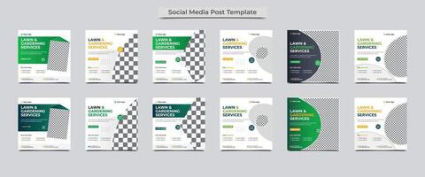 Lawn and Gardening service social media template bundle. Agriculture and farming services social media post banner.Lawn Mower Garden or Landscaping service social media post template design. vector