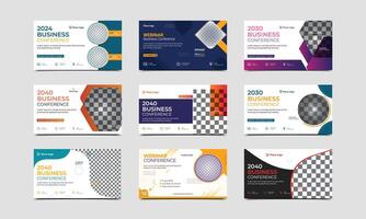 Corporate horizontal business conference flyer template design bundle. Business webinar invitation design and technology conference social media banner layout, live conference webinar banner design. vector