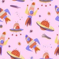 Mid Century space seamless pattern. Print with rocket, planet, star, comet and UFO. Retro illustration design for textile graphic, kid design, fabric, wrapping, wallpaper, textile. vector