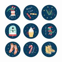 Set of round Christmas stickers for decorating. vector