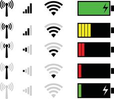 conjunto de señal punto de acceso Wifi y batería icono vector